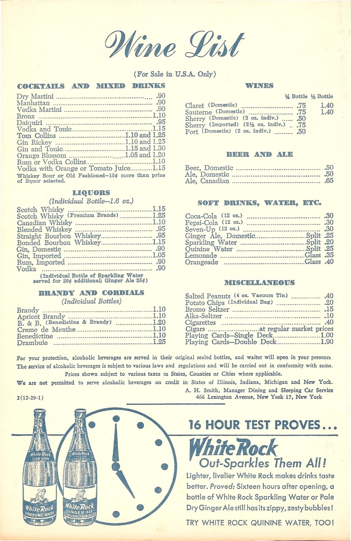 New York Central Breakfast Menu Wine List